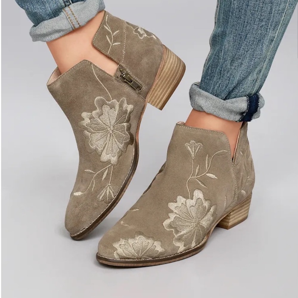Suede Embroidered Ankle Boots - Taupe